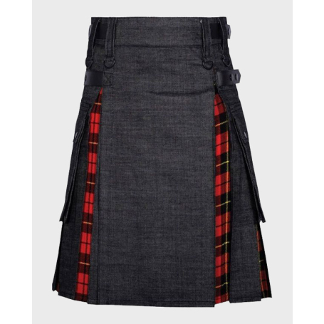 Black Denim Hybrid Kilt With Wallace Tartan