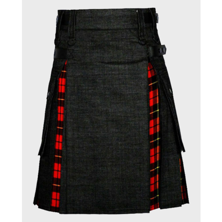 Black Denim & Wallace Tartan Hybrid Utility Kilt