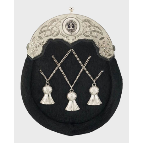Black Full Dress Clan Crest Cross Chain Tassels Sporran