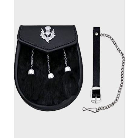 Black Rabbit Fur Kilt Sporran With 3 Tassles & Chain
