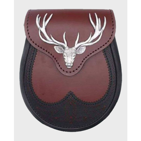 Black Stag Head Ox Blood Leather Sporran With Chain