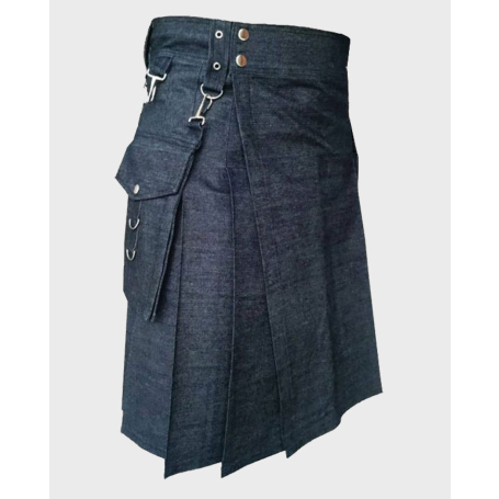 Blue Indigo Denim Kilt With Detachable Pockets,,
