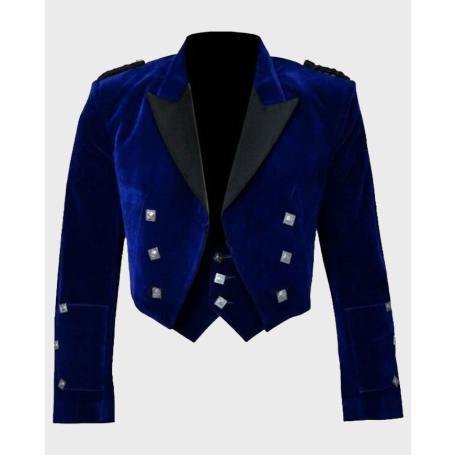 Blue Velvet Scottish Prince Charlie Kilt Jacket & Waistcoat Set,Blue Velvet Jacket, Kilt Jacket