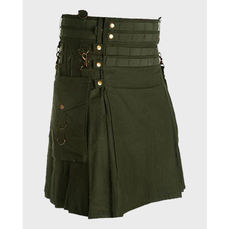 Deluxe Olive Green Utility Kilt with Detachable Pockets