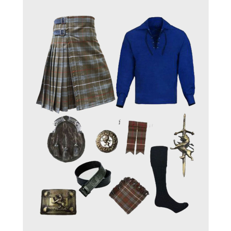 Fraser Weathered Tartan Kilt With Scottish Blue Ghillie Shirt Accessories Deal