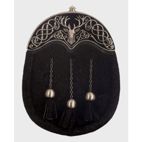Full Dress Sealskin Matt Finish Cantle Black Enamel Stag Style Sporran with Chain