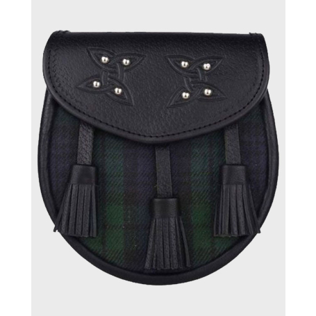 Genuine Black Leather with Black Watch Tartan Sporran,Black Sporran