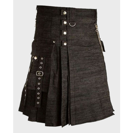Men Gothic Black Denim Kilt With Cargo Pockets