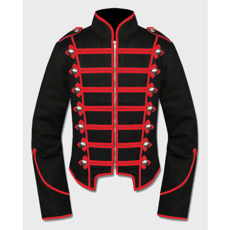 Men Gothic Black Red Military Drummer Jacket, Red Military Jacket