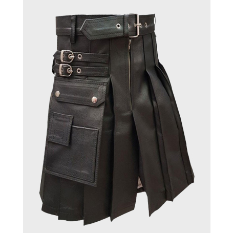 Men Pure Black Leather Gladiator Pleated Utility Larp Kilt