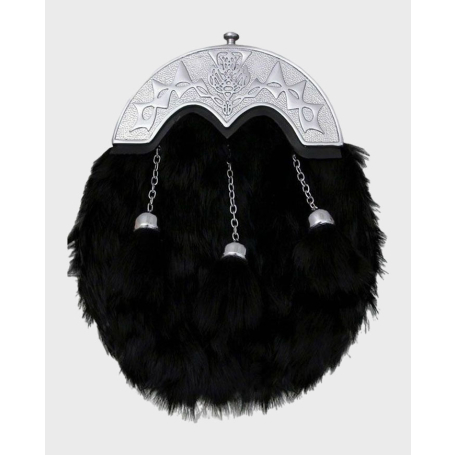 Premium Black Rabbit Fur Kilt Sporran Celtic Chrome Cantle