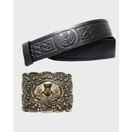 Premium Thistle Embossed Leather Kilt Belt With Thistle Buckle