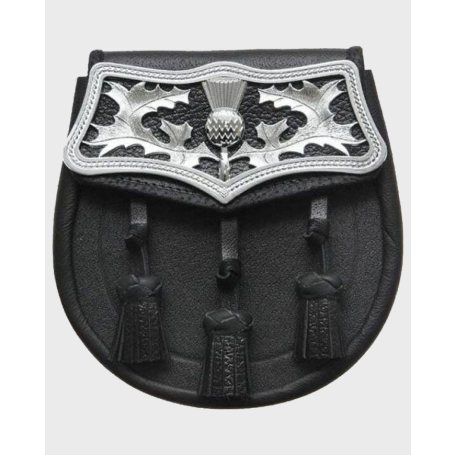 Pure Black Leather Large Thistle Plate Sporran With Free Chain