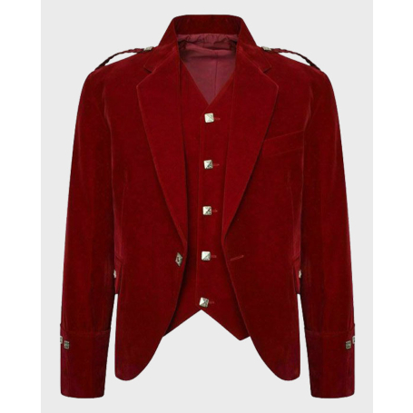 Red Velvet Highland Wedding Argyle Jacket & Waistcoat Set,Red Velvet Jacket,Kilt Jacket