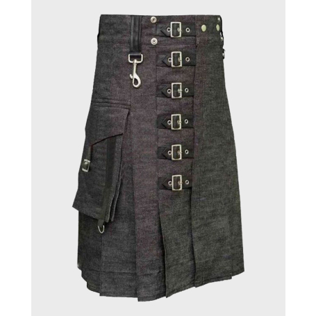 Scottish Gothic Denim Kilt With Strap