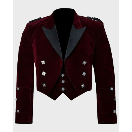 Scottish Red Velvet Prince Charlie Kilt Jacket With Vest Set,Red Velvet Jacket,Scottish Jacket