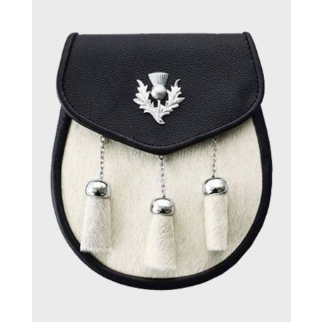 White Bovine Goat Fur 3 Tassel Semi Dress Leather Sporran