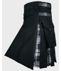 Black Cotton With Black Watch Tartan Hybrid Kilt for Men